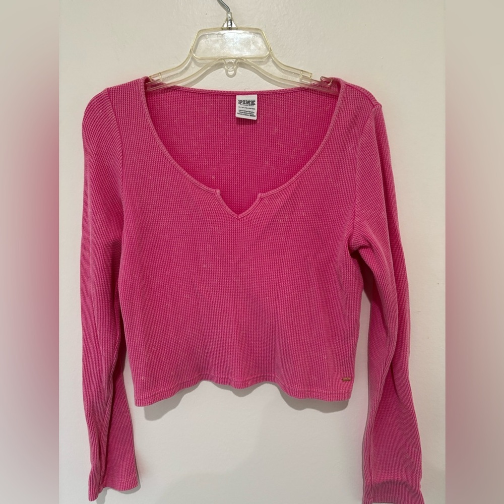 PINK Victoria's Secret Bright Pink Waffle Knit Long-Sleeve Top